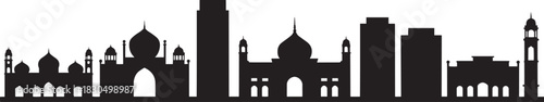 Silhouette skyline panorama of an indian or middle eastern city with mosques and skyscrapers