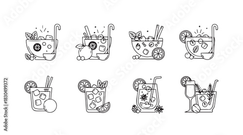 Collection of hand drawn cocktail and beverage silhouettes with fruit garnish and ice