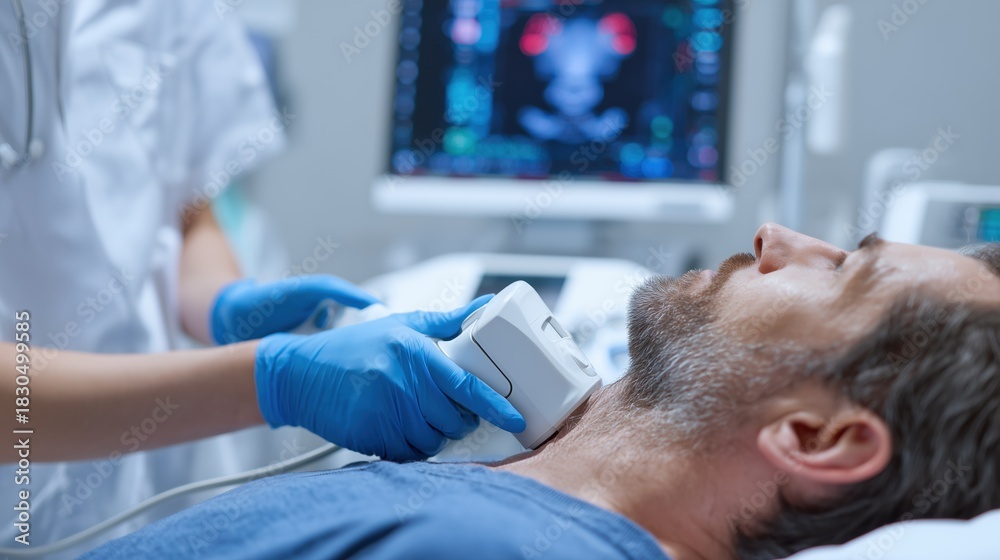 Fototapeta premium Thyroid Disease Awareness Month: a patient receiving a thyroid ultrasound, technician using ultrasound device on the neck, detailed hospital room interior