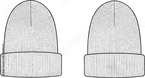 Side-by-side view of two ribbed knit beanies with folded brim, technical fashion illustration for product comparison and design use