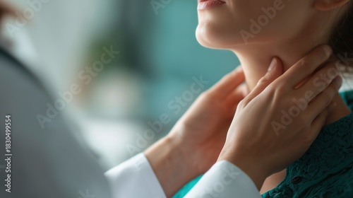 Thyroid Disease Awareness Month: Close-up of doctor's hands gently examining patient's neck thyroid area