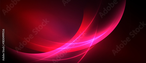 Abstract red design features flowing curves, gradients, bright light effects. Dramatic contrast between colors creates dynamic visual impact.