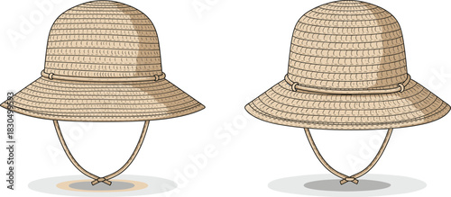 Straw hats with chin straps on white background, summer fashion accessories, woven texture detail, sun protection gear, rustic style headwear illustration