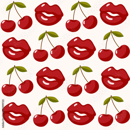 Red lips and cherry fruit seamless vector pattern