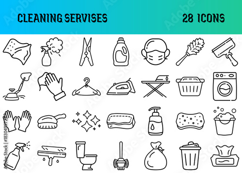 Cleaning services icons with various tools and supplies  