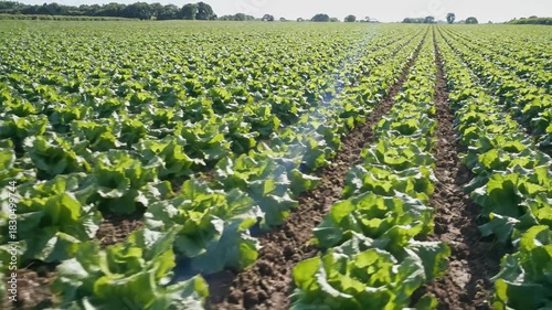 Vast green lettuce field under a clear blue sky with rows stretching to the horizon.