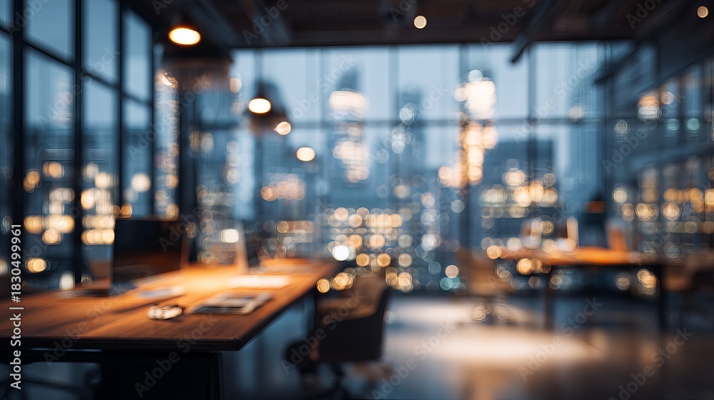 Fototapeta premium Modern Office with Cityscape View at Night