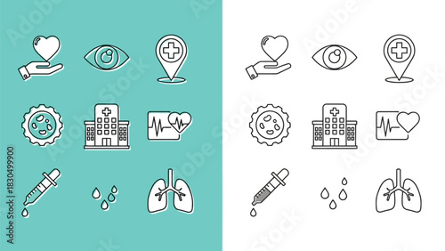 Vector illustration of medical icons set showing healthcare and medicine elements, including heart, eye, location, cell, hospital, heartbeat, dropper, drops, and lungs