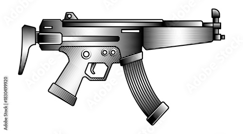 submachine gun rifle vintage woodcut style vector illustration of automatic weapon firearm in black and white monochrome etching for military army design
