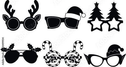 Holiday glasses icons, festive eyewear props, Christmas costume accessory, candy cane frame, elf hat, flat vector