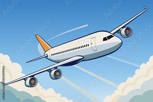 Bright, stylized illustration of a passenger airplane flying high above fluffy clouds under a clear blue sky. Ideal for travel, aviation, and flight-themed campaigns and articles.