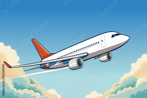 Modern commercial airplane soaring above bright blue sky with soft clouds, symbolizing travel, aviation, adventure, business flights, tourism, and global connectivity for media and stock use.