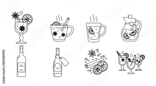 Collection of festive holiday drink and beverage illustrations in silhouette style