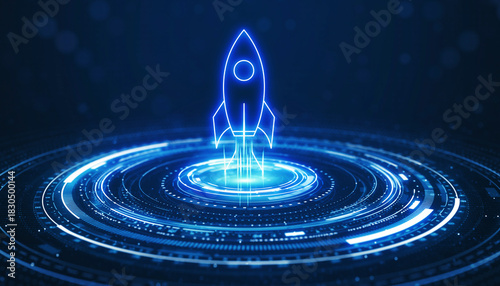 Futuristic Rocket Launch: A neon-lit rocket ascends from a glowing platform, symbolizing innovation and progress in a digital age.