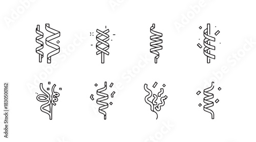 Eight abstract decorative swirls and twirls in a simple black silhouette