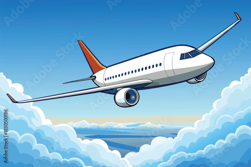 Sleek commercial airplane flying through clear blue sky with fluffy clouds, symbolizing travel, freedom, adventure, aviation, airline business, corporate flight, tourism and global transportation.