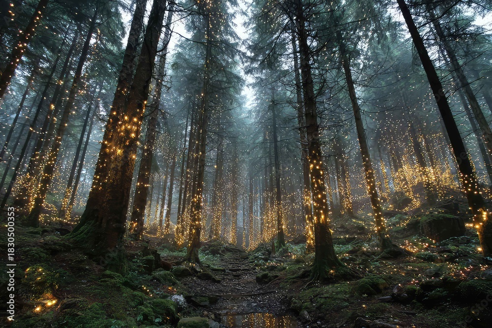 Fototapeta premium Evergreen forest decorated with subtle Christmas