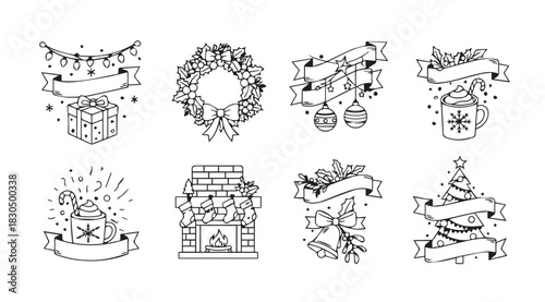Collection of hand drawn christmas decorations and ornaments in silhouette style
