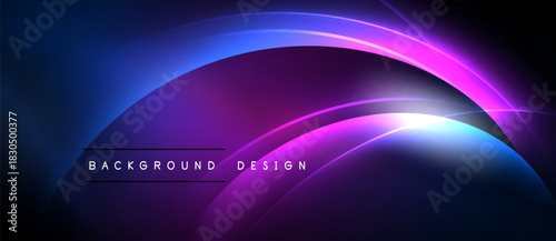 Abstract neon curves create dynamic background. Purple, blue hues dominate, offering modern aesthetic. Light radiates from center.