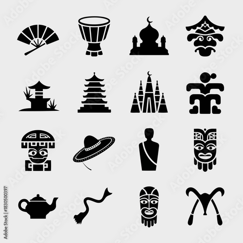 Collection of diverse cultural icons and symbols including fans, drums, temples, masks, and traditional artifacts
