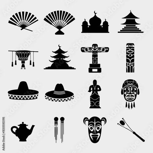 Collection of cultural symbols and artifacts from various regions including fans, temples, masks, and traditional clothing