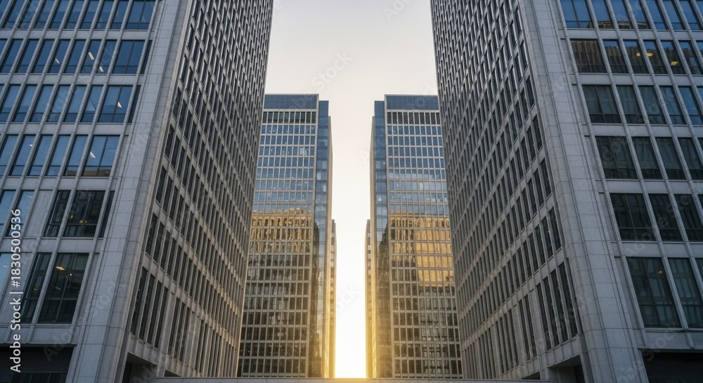 Obraz premium Multiple modern skyscrapers frame a bright sunlit gap between them