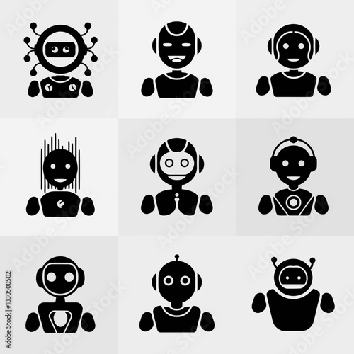 Set of nine different robots with various expressions and features, isolated on