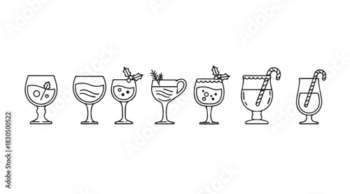A lineup of whimsical hand drawn cocktail glasses with festive garnishes silhouette