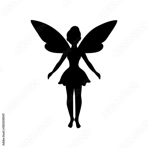 Silhouette of a fairy figure with wings, wearing a short dress