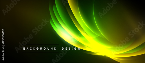 Abstract yellow, green flow. Dynamic curves create luminous effect against dark backdrop. Modern design element.