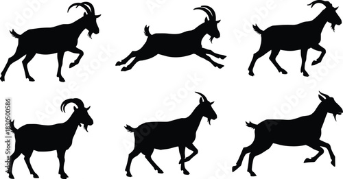 Goat silhouette vector set, black farm animal shapes, walking and jumping poses, livestock icons, isolated goat design, white background illustration