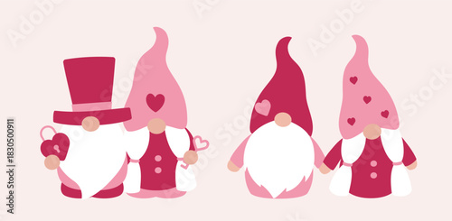 
Cute Valentine's Day gnomes couples flat vector illustration set.
Funny gnomes celebrate Valentine's Day clipart design.