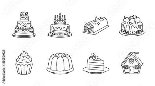 Collection of hand drawn dessert illustrations featuring cakes cupcakes and a gingerbread house silhouette