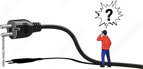 Problem with electrical connection, man looking at a plug and question mark, concept of confusion or uncertainty