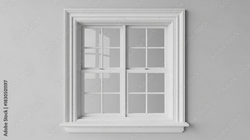 Fototapeta premium Clean white double hung window with white mullions on a light gray wall