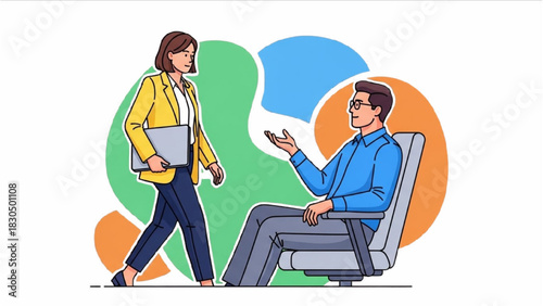 Colorful Black Outline Office Worker Illustrations – Walking with Laptop and Swivel Chair Discussion Scene