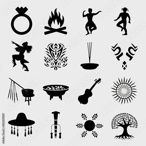 Collection of black icons representing various cultural and artistic elements including dance, music, nature, and rituals isolated on