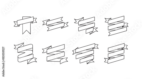 Collection of hand drawn ribbon banners and decorative elements in a sketchy silhouette style