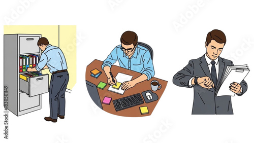 Colorful Office Worker Actions Set – File Organizing, Sticky Note Writing, Time Checking – High Quality Black Outline Illustration