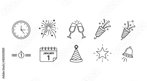 Collection of new year s eve celebration icons in a simple hand drawn silhouette style