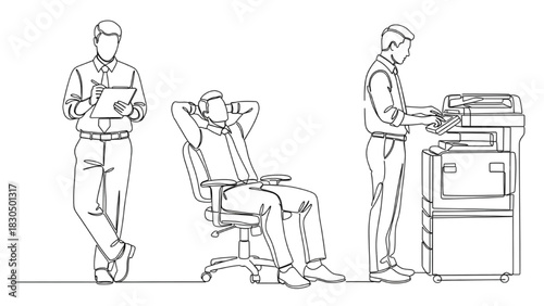 Office Worker Line Art Set – Continuous Black Outline Employees Using Clipboard, Relaxing, and Operating Printer