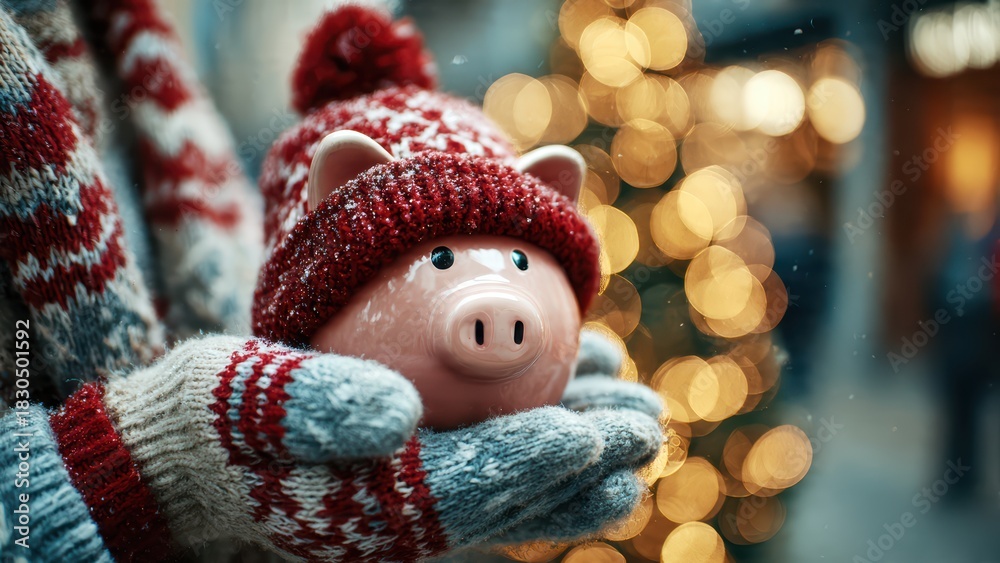 Fototapeta premium Piggy bank with Santa hat in hand near Christmas tree lights