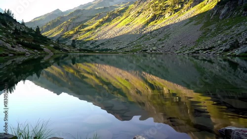 Mountain reflection in a lake surrounded by trees and rocks