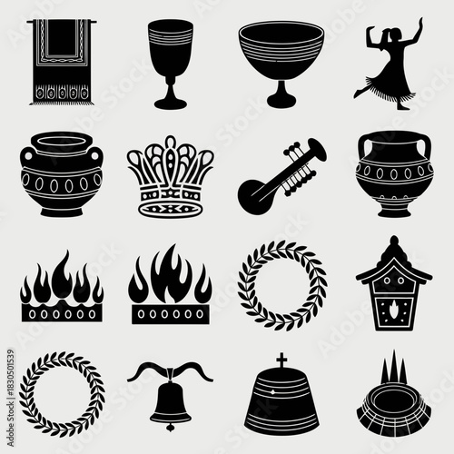 Ancient greek artifacts and symbols including vases, wreaths, and a dancer isolated on