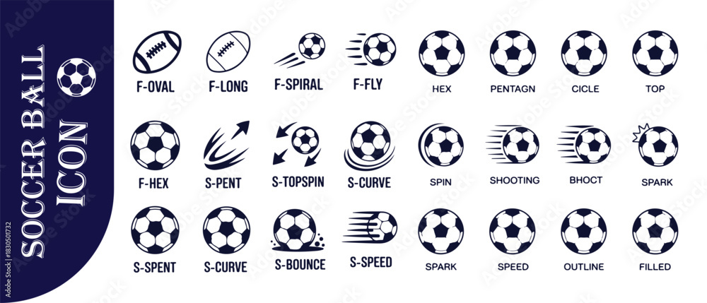Obraz premium Soccer ball and football icon set with oval spiral hex pentagn and curve spin variations