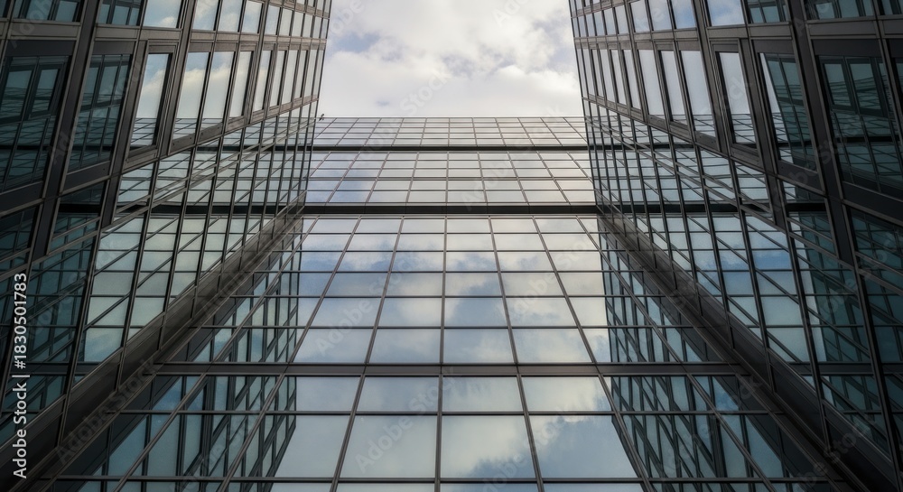 Obraz premium Two modern glass facades of corporate structures meet towards the sky reflecting cloudy weather