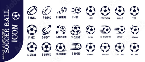 Soccer ball and football icon set with oval spiral hex pentagn and curve spin variations