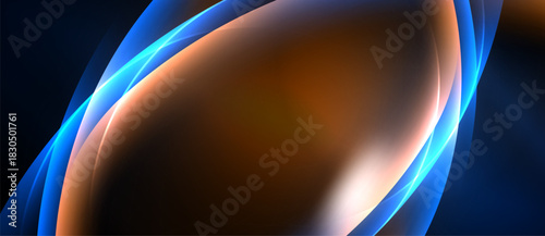 Abstract flowing shapes, vibrant blues, oranges, browns. Smooth gradients create dynamic visual effect. Dark background emphasizes luminosity.