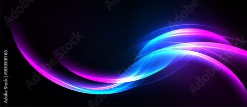 Abstract flowing lines, vibrant colors, dynamic curves. Bright pink, blue hues contrast against dark background. Modern design element.