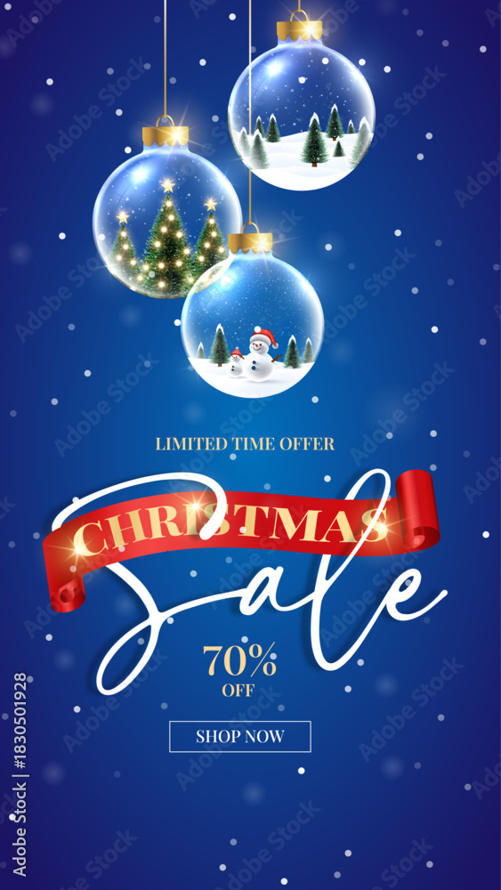 Fototapeta premium Merry Christmas sale promotion poster banner with product display and festive decoration light background. Christmas special sale and offer unit with snowflakes and snowman. 